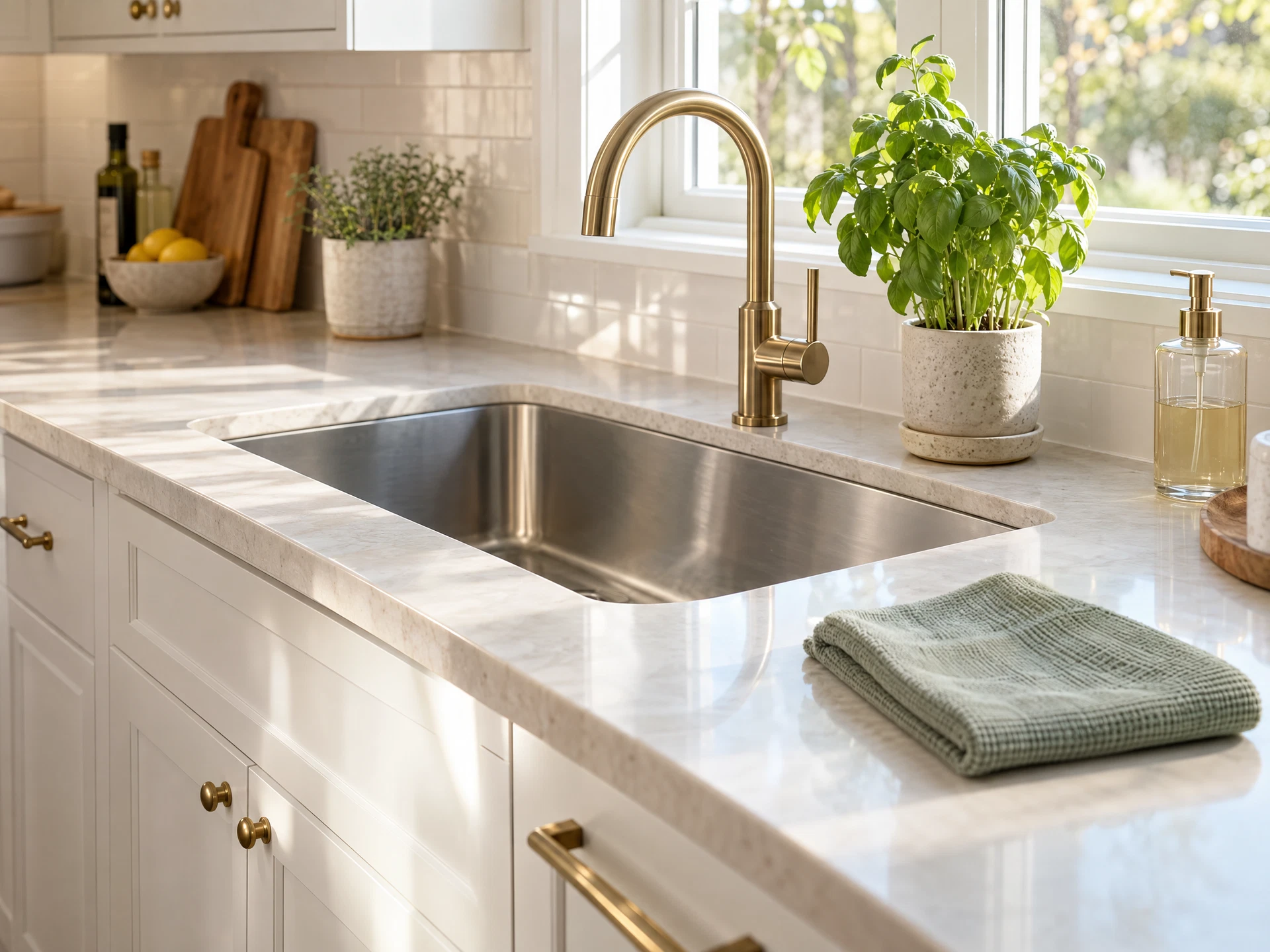 An immaculate kitchen countertop and sink